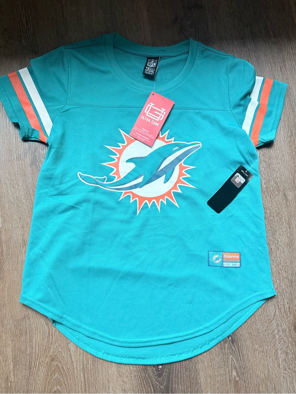 NFL Teal Miami Dolphins Short Sleeve Jersey with Orange & White Sleeve Stripes